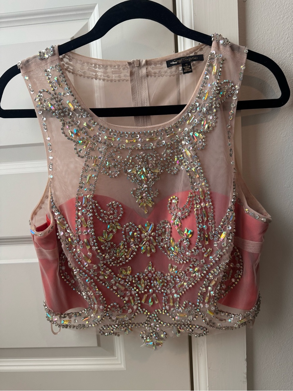 City Triangles Pink Beaded Mesh Crop Top